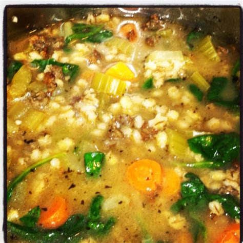 mushroom-barley-soup-with-sausage-and-spinach image