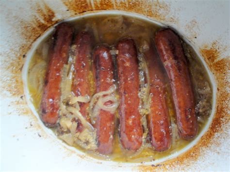 slow-cooker-beer-braised-smoked-sausages-and-onion image