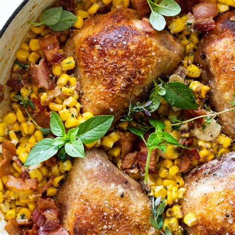 bacon-creamed-corn-with-crispy-chicken-thighs-simply image