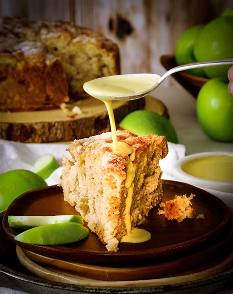 irish-apple-cake-with-custard-sauce-of-batter-and-dough image