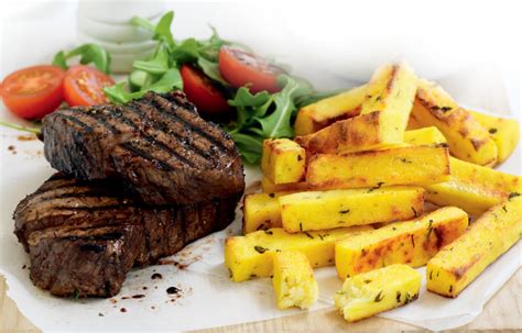 pepper-steak-with-herb-and-parmesan-polenta-chips image