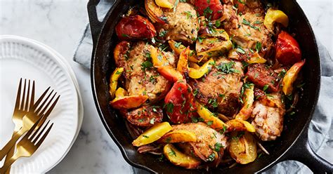 skillet-roast-chicken-with-peaches-tomatoes-and-red-onion image