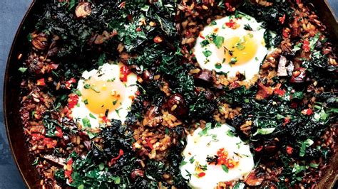 mushroom-paella-with-kale-and-eggs-recipe-bon-apptit image