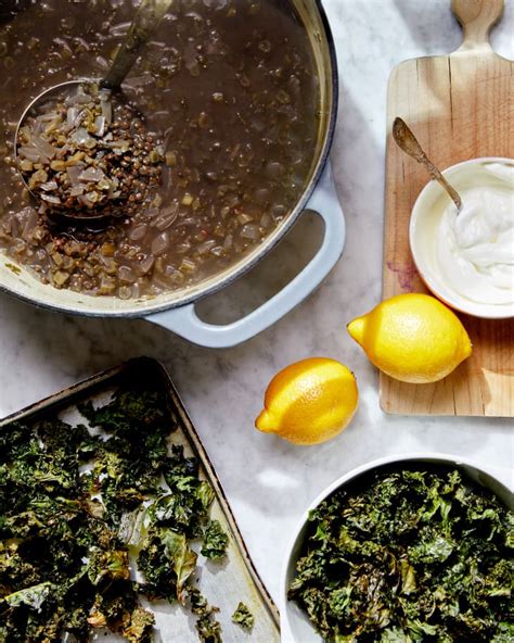 lemony-black-lentil-soup-with-crispy-kale-and-yogurt image