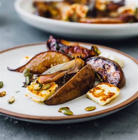 savory-roasted-pears-and-red-onions-with-halloumi image