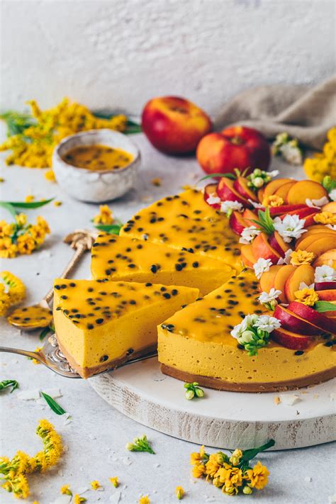 no-bake-mango-cheesecake-pie-with-passion-fruit-vegan image