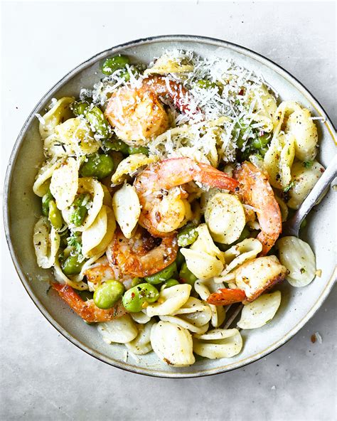 pasta-with-shrimp-garlic-and-fava-beans-serving image