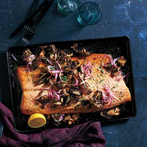 roasted-salmon-and-mushrooms-with-quick-pickled-shallots image
