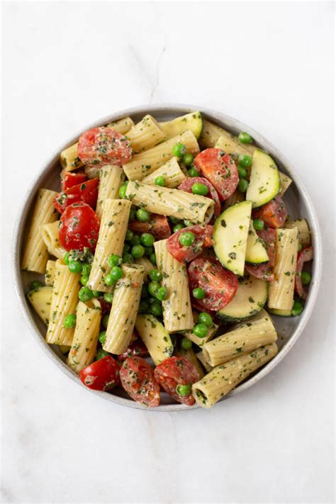 tahini-pesto-pasta-salad-with-tomatoes-and-peas-the image