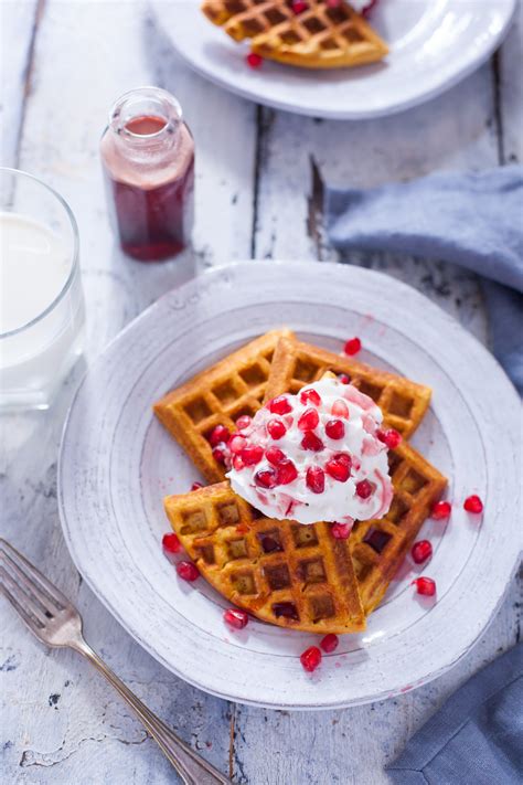 sweet-potato-waffles-recipe-with-pomegranate-syrup image