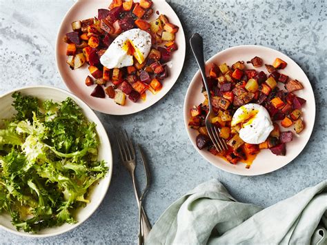 two-potato-and-beet-hash-with-poached-eggs-and-greens image