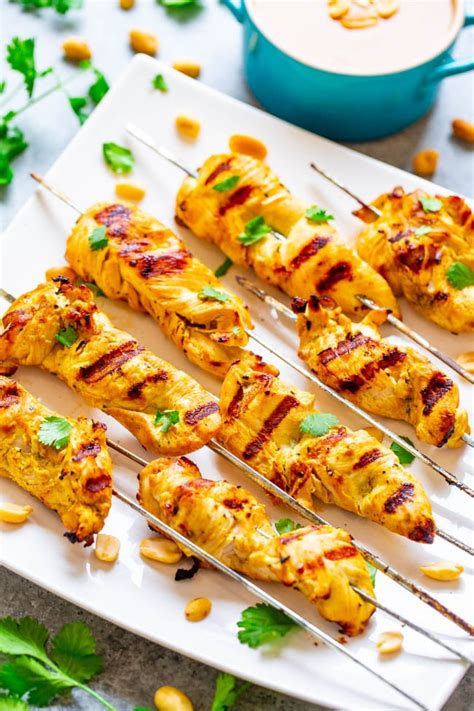 chicken-satay-with-peanut-dipping-sauce-averie-cooks image