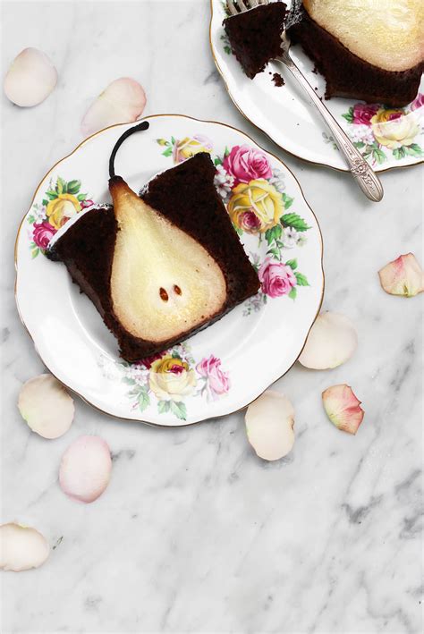 chocolate-loaf-cake-with-earl-grey-poached-pears image