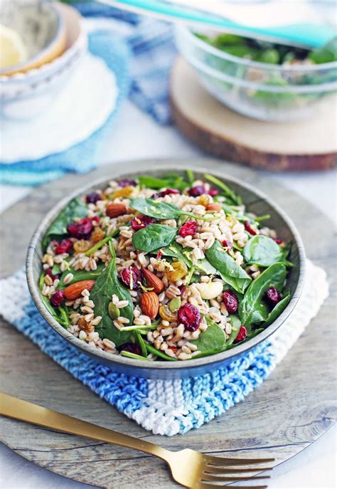 farro-and-spinach-salad-with-dried-fruit-and-nuts image