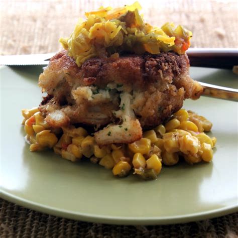 crab-cakes-with-creole-corn-maque-choux-and-green image