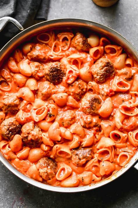 one-pot-creamy-tomato-pasta-sauce-and-meatballs image