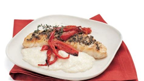 sea-bass-with-polenta-and-roasted-red-bell-peppers image