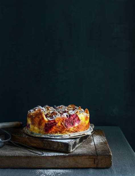 rhubarb-croissant-bread-butter-pudding-cake-stuck image