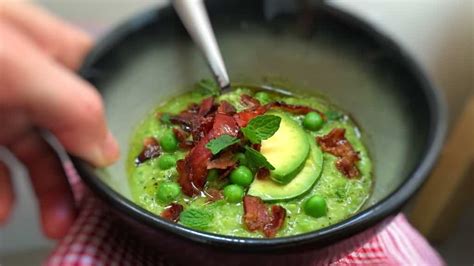 easy-chilled-pea-soup-with-bacon-mint-simple image
