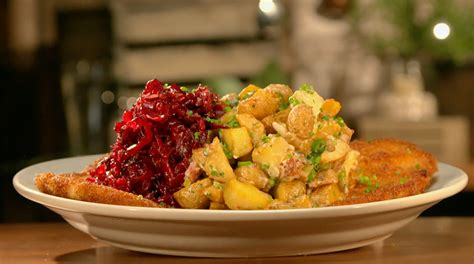 pork-schnitzel-with-mustard-potatoes-and-braised-red image