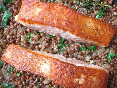 one-skillet-crispy-salmon-with-mustardy-lentils image