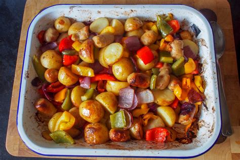 chicken-sausages-and-roasted-vegetable-traybake image