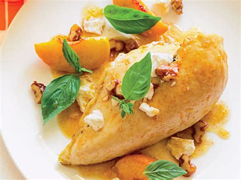 rotisserie-chicken-with-peaches-walnuts-and-basil-sunset image