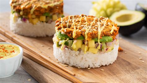 sushi-stacks-with-curried-salmon-mango-avocado image