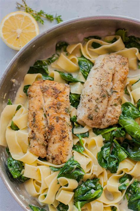 gorgonzola-spinach-pasta-with-halibut-everyday-delicious image