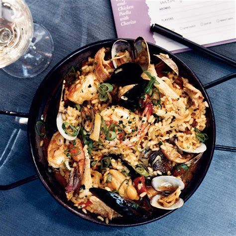 seafood-and-chicken-paella-with-chorizo-food-wine image