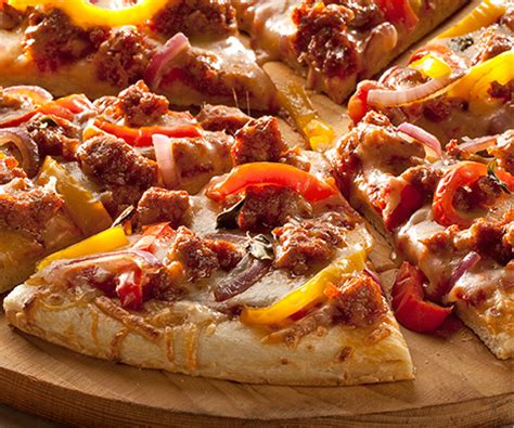 sausage-pizza-with-roasted-peppers-and-onions-food image