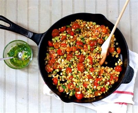 skillet-corn-edamame-and-tomatoes-with-basil-oil image