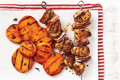 mustard-glazed-pork-skewers-with-grilled-sweet-potatoes image