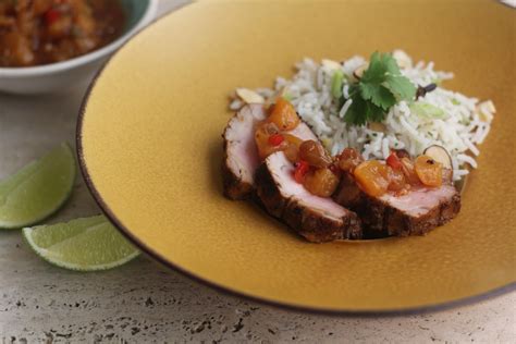 grilled-pork-tenderloin-with-indian-spices-peach-chutney image