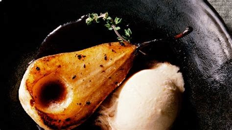 bosc-pears-in-ros-wine-with-persimmon-ice-cream image