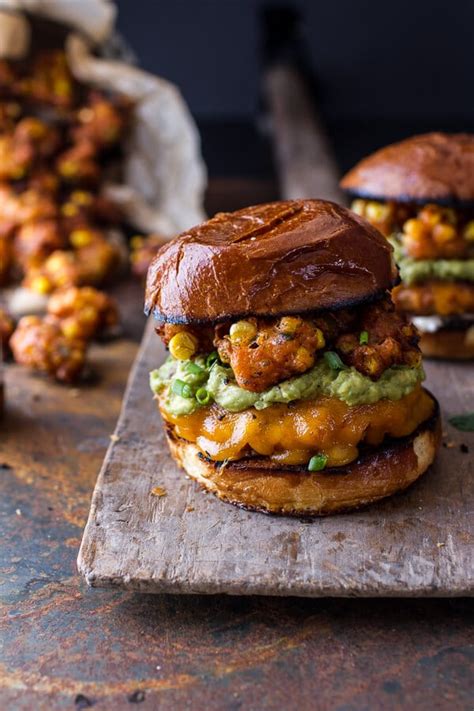 chipotle-cheddar-burgers-with-corn-fritters-hbharvest image