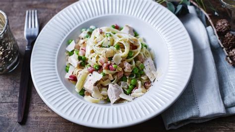 leftover-turkey-pasta-with-bacon-peas-and-cream-bbc image