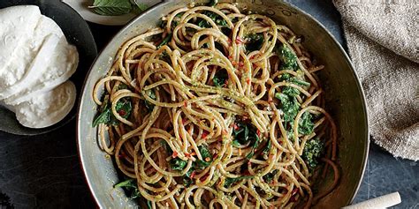 spaghetti-with-pistachio-mint-pesto-and-spinach image