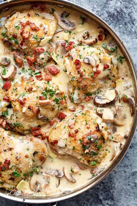 creamy-baked-chicken-thighs-with-mushrooms-bacon image