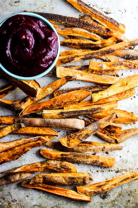 crispy-sweet-potato-fries-with-beet-ketchup-emilie-eats image