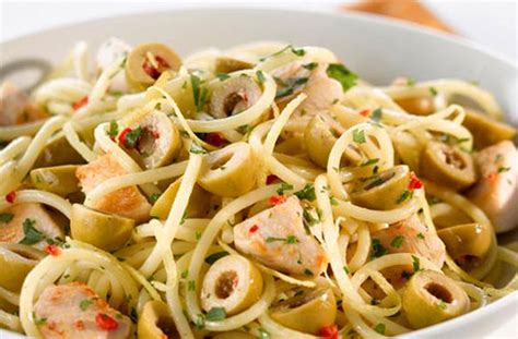 spaghetti-with-chicken-and-green-olives-dinner image