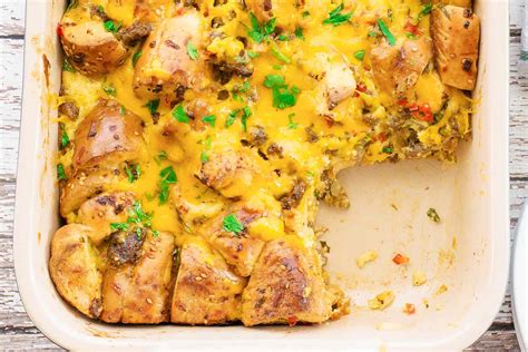 bagel-breakfast-casserole-with-sausage-egg-and-cheese image