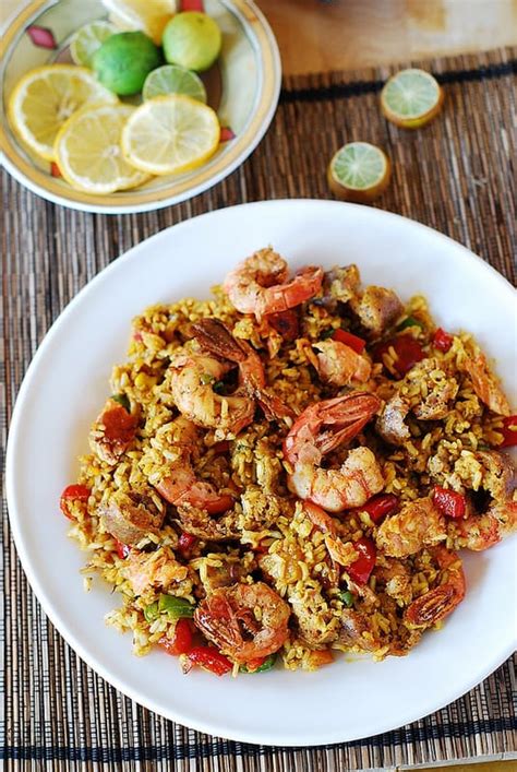 mixed-paella-with-chicken-shrimp-and-sausage-julias image