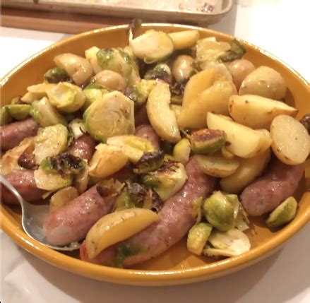 sheet-pan-sausages-with-brussels-sprouts-and-honey image