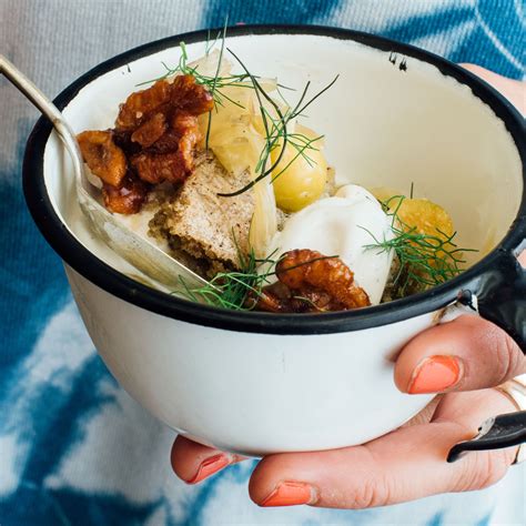 blondie-sundaes-with-fried-walnuts-and-candied-fennel image