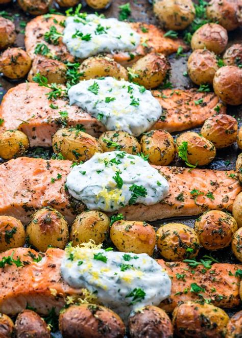 salmon-with-dill-sauce-and-roasted-baby-potatoes-sheet image