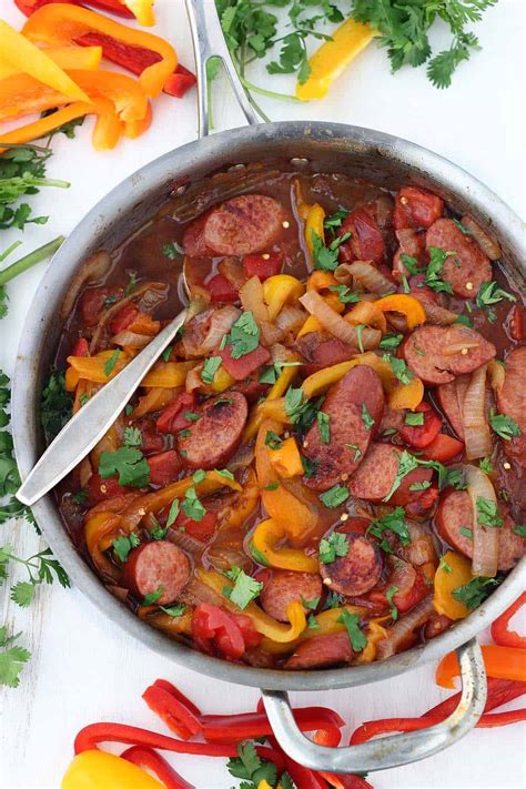 sweet-and-spicy-sausage-with-peppers-and-onions-bowl image