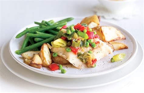 sweet-chilli-fish-with-vegetables-and-chips-healthy image