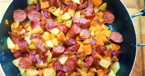 kielbasa-apple-bacon-sweet-potato-skillet-meal image