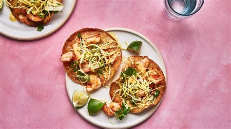 shrimp-tostadas-with-herbed-mojo-de-ajo-slaw-bon image